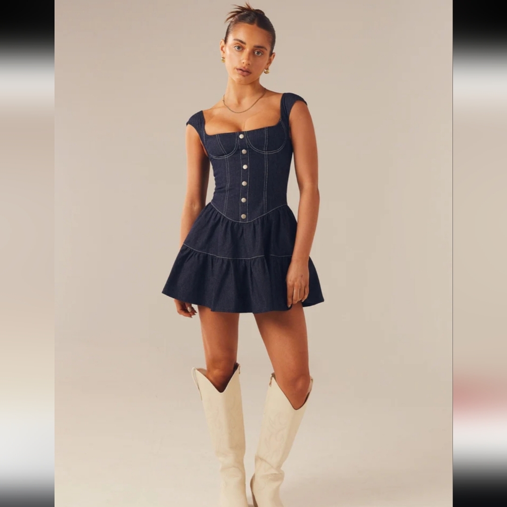 PEPPERMAYO Denim Bustier Mini Dress, Contrast Stitching, Black & White, Size 6